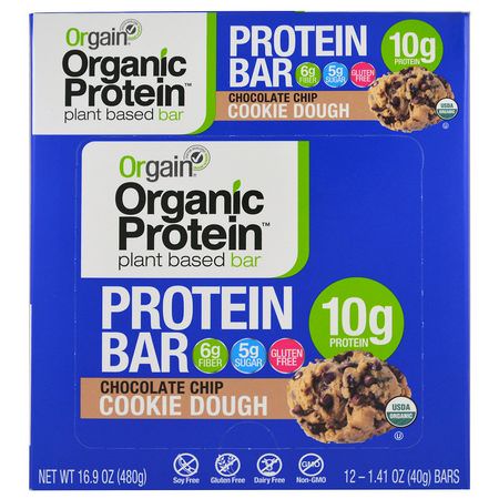 基於植物的蛋白質棒, 蛋白棒: Orgain, Organic Plant-Based Protein Bar, Chocolate Chip Cookie Dough, 12 Bars, 1.41 oz (40 g) Each