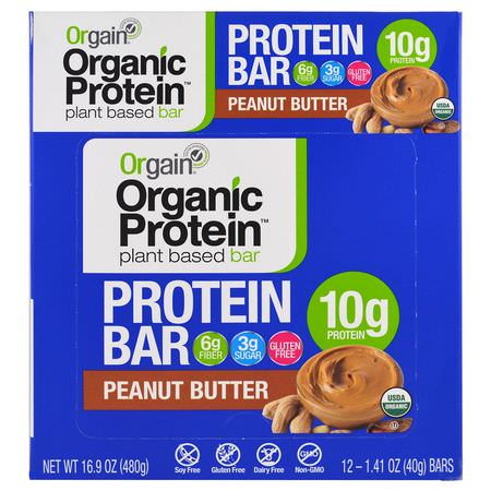基於植物的蛋白質棒, 蛋白質棒: Orgain, Organic Plant-Based Protein Bar, Peanut Butter, 12 Bars, 1.41 oz (40 g) Each