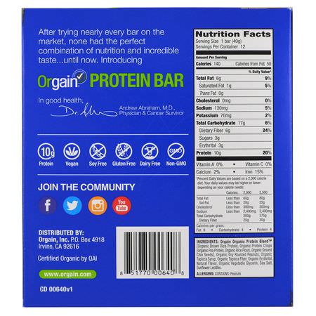 Orgain Plant Based Protein Bars - 基於植物的蛋白質棒, 蛋白質棒, 核仁巧克力餅, 餅乾