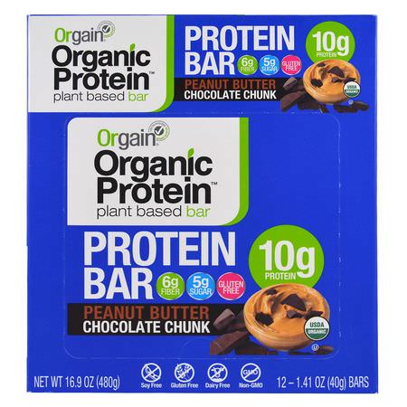 基於植物的蛋白質棒, 蛋白質棒: Orgain, Organic Plant-Based Protein Bar, Peanut Butter Chocolate Chunk, 12 Bars, 1.41 oz (40 g) Each