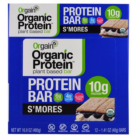 基於植物的蛋白質棒, 蛋白棒: Orgain, Organic Plant-Based Protein Bar, S'mores, 12 Bars, 1.41 oz (40 g) Each