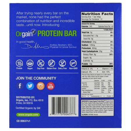 Orgain Plant Based Protein Bars - 基於植物的蛋白質棒, 蛋白棒, 核仁巧克力餅, 餅乾