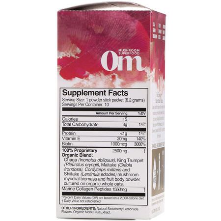 膠原蛋白補品, 關節: Organic Mushroom Nutrition, Beauty+, Powered by Chaga + Collagen, Strawberry Lemonade, 10 Packets, 0.22 oz (6.2 g) Each