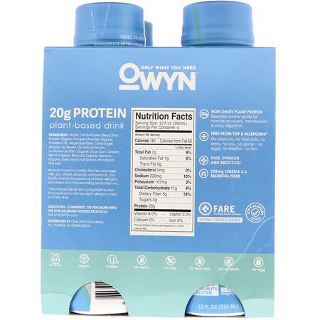 即飲, 蛋白質: OWYN, Protein Plant-Based Shake, Smooth Vanilla, 4 Shakes, 12 fl oz (355 ml) Each