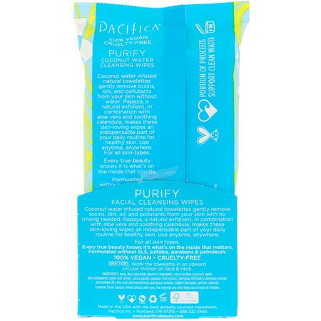 椰子護膚, 毛巾: Pacifica, Purify Facial Cleansing Wipes, All Skin Types, 30 Pre-Moistened Natural Towelettes