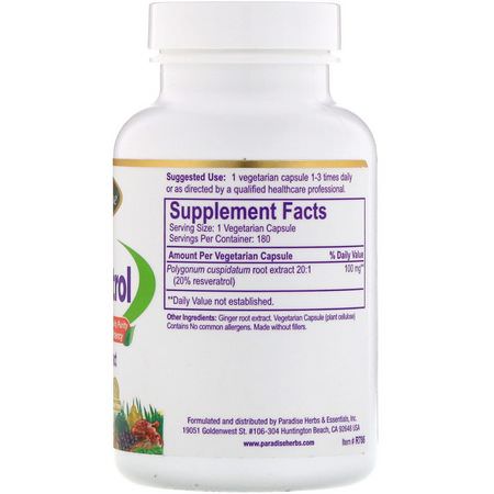 白藜蘆醇, 抗氧化劑: Paradise Herbs, Resveratrol, 180 Vegetarian Capsules