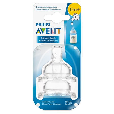 奶嘴, 嬰兒奶瓶: Philips Avent, Newborn Flow, Anti-Colic Nipples, 0+ Months, 2 Pack