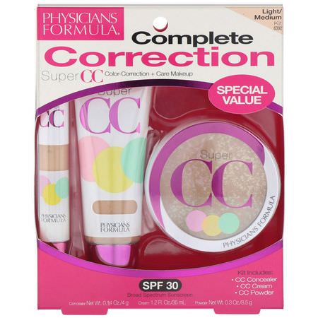 BB-CC面霜禮品套裝: Physicians Formula, Complete Correction, Super CC Color-Correction + Care Makeup, SPF 30, Light-Medium Kit, 3 Piece Kit