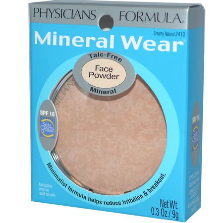 粉餅, 臉部: Physicians Formula, Mineral Wear, Face Powder, SPF 16, Creamy Natural, 0.3 oz (9 g)