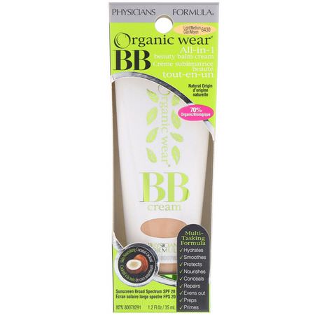 BB-CC面霜, 臉部: Physicians Formula, Organic Wear, BB All-in-1 Beauty Balm Cream, SPF 20, Light/Medium, 1.2 fl oz (35 ml)