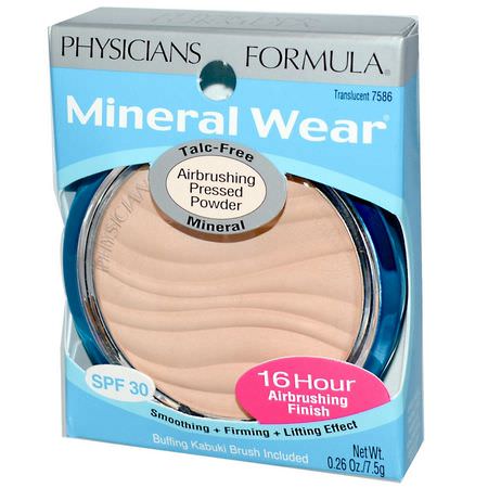 粉餅, 臉部: Physicians Formula, Mineral Wear, Airbrushing Pressed Powder, SPF 30, Translucent, 0.26 oz (7.5 g)