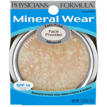 粉餅, 臉部: Physicians Formula, Mineral Wear, Face Powder, SPF 16, Translucent, 0.3 oz (9 g)
