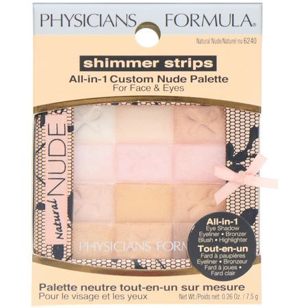 腮紅, 臉頰: Physicians Formula, Shimmer Strips, All-In-1 Custom Nude Palette, For Face & Eyes, Natural Nude, 0.26 oz (7.5 g)