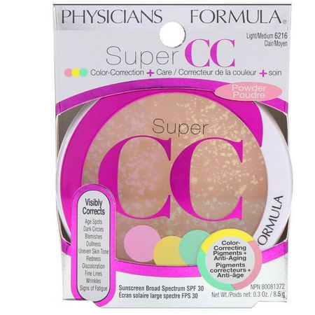 BB-CC面霜, 臉部: Physicians Formula, Super CC+, Color-Correction + Care, CC+ Powder, SPF 30, Light/Medium, 0.3 oz (8.5 g)
