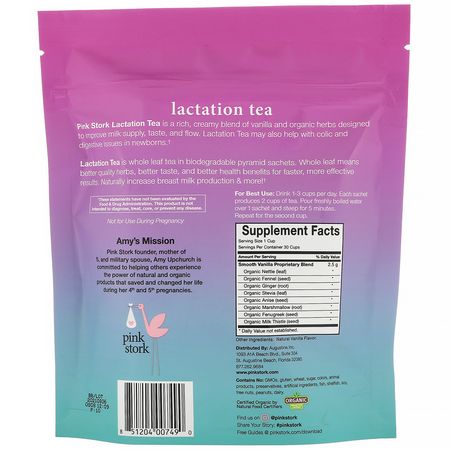 藥用茶, 哺乳期支持物: Pink Stork, Lactation, Nursing Mother's Tea, Smooth Vanilla, Caffeine Free, 15 Biodegradable Pyramid Sachets