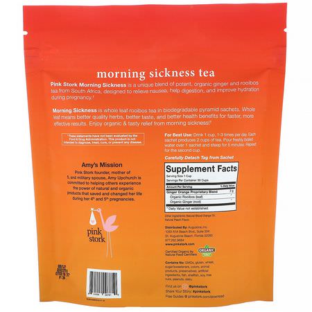 孕婦, 媽媽: Pink Stork, Morning Sickness, Nausea Tea, Ginger Orange, Caffeine Free, 15 Pyramid Sachets, 1.59 oz (45 g)
