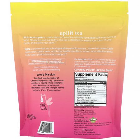 孕婦, 媽媽: Pink Stork, Uplift, Postpartum Mood Tea, Caffeine Free, Refreshing Lime, 15 Pyramid Sachets, 1.32 oz (37.5 g)