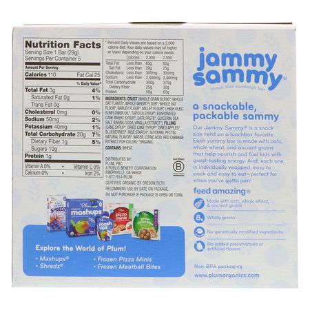 手指食品, 酒吧: Plum Organics, Jammy Sammy, Blueberries & Oatmeal, 5 Bars, 1.02 oz (29 g) Each