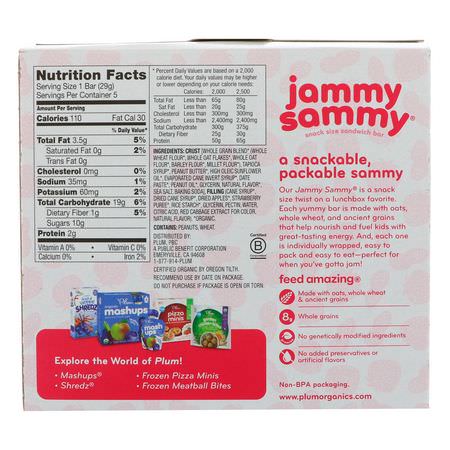 手指食品, 酒吧: Plum Organics, Jammy Sammy, Peanut Butter & Strawberry, 5 Bars, 1.02 oz (29 g) Each