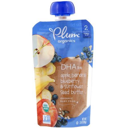 膳食, 果泥: Plum Organics, Organic Baby Food, Stage 2, DHA, Apple, Banana, Blueberry & Sunflower Seed Butter, 6 Pack, 3.5 oz (99 g) Each