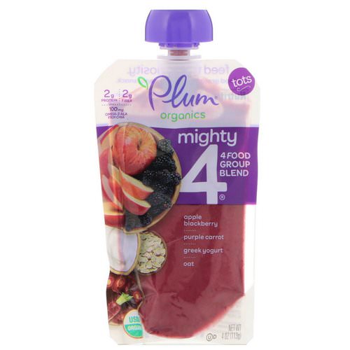 Plum Organics, Tots, Mighty 4, 4 Food Group Blend, Apple, Blackberry, Purple Carrot, Greek Yogurt, Oat, 4 oz (113 g) Review