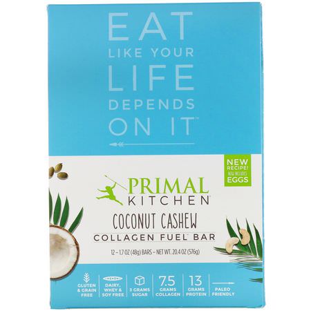 基於植物的蛋白質棒, 蛋白棒: Primal Kitchen, Collagen Fuel Bar, Coconut Cashew, 12 Bars, 1.7 oz (48 g) Each