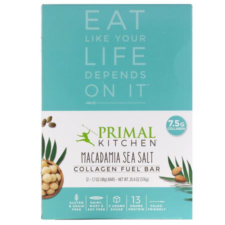基於植物的蛋白質棒, 蛋白棒: Primal Kitchen, Grass-Fed Collagen Bar, Macadamia Sea Salt, 12 Bars, 20.7 oz (588 g)