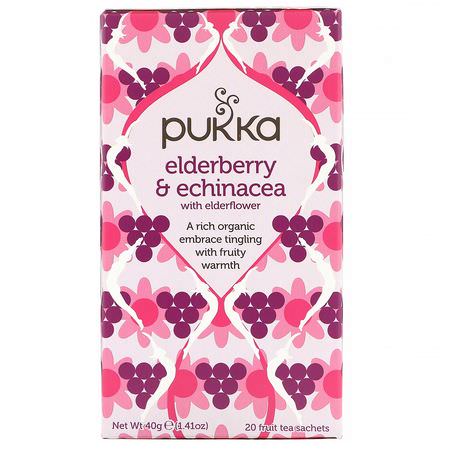 涼茶, 藥茶: Pukka Herbs, Elderberry & Echinacea, 3 Pack, 20 Fruit Tea Sachets Each