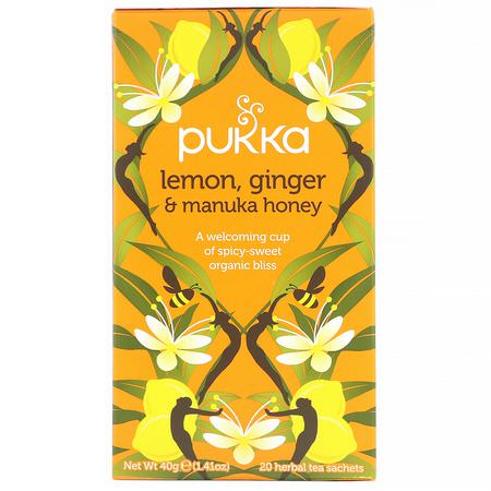 生薑茶, 涼茶: Pukka Herbs, Lemon, Ginger & Manuka Honey, 3 Pack, 20 Herbal Tea Sachets Each