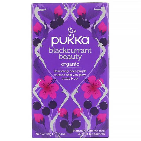 水果茶: Pukka Herbs, Organic Blackcurrant Beauty, Caffeine-Free, 3 Pack, 20 Fruit Tea Sachets Each
