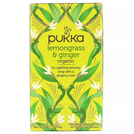 涼茶, 生薑茶: Pukka Herbs, Organic Lemongrass & Ginger, Caffeine-Free, 3 Pack, 20 Herbal Tea Sachets Each