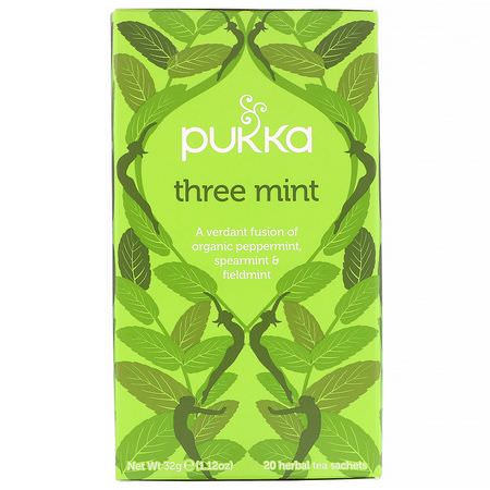 涼茶: Pukka Herbs, Three Mint, Caffeine Free, 3 Pack, 20 Herbal Tea Sachets Each