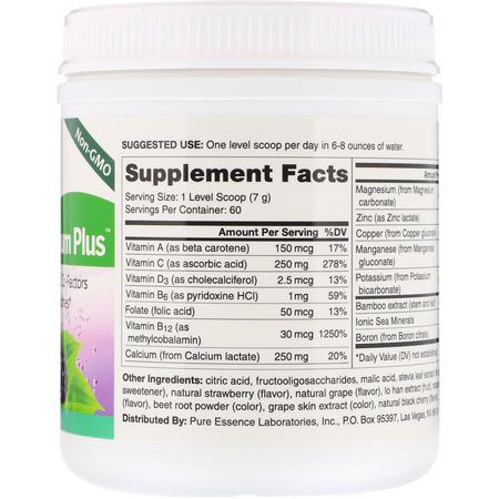 鈣, 礦物質: Pure Essence, Ionic-Fizz Calcium Plus, Mixed Berry, 14.82 oz (420 g)