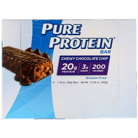 牛奶蛋白棒, 乳清蛋白棒: Pure Protein, Chew Chocolate Chip Bar, 6 Bars, 1.76 oz (50 g) Each