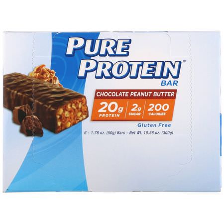 牛奶蛋白棒, 乳清蛋白棒: Pure Protein, Chocolate Peanut Butter Bar, 6 Bars, 1.76 oz (50 g) Each