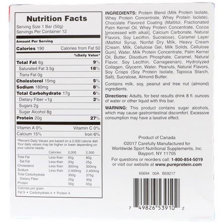 牛奶蛋白棒, 乳清蛋白棒: Pure Protein, Chocolate Peanut Caramel Bar, 12 Bars, 1.76 oz (50 g) Each