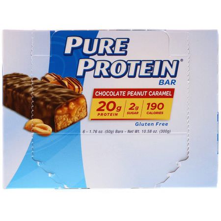 牛奶蛋白棒, 乳清蛋白棒: Pure Protein, Chocolate Peanut Caramel Bars, 6 Bars, 1.76 oz (50 g) Each