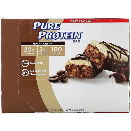 牛奶蛋白棒, 乳清蛋白棒: Pure Protein, Mocha Cream Bar, 6 Bars, 1.76 oz (50 g) Each