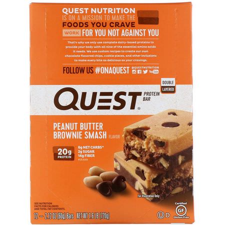 乳清蛋白棒, 牛奶蛋白棒: Quest Nutrition, Double Layered Protein Bar, Peanut Butter Brownie Smash, 12 Bars, 2.12 oz (60 g ) Each