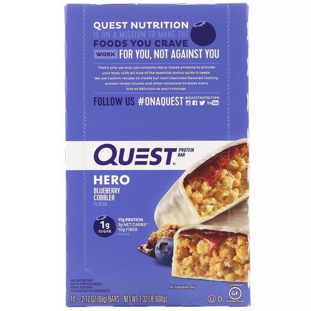 牛奶蛋白棒, 乳清蛋白棒: Quest Nutrition, Hero Protein Bar, Blueberry Cobbler, 10 Bars, 2.12 oz (60 g) Each