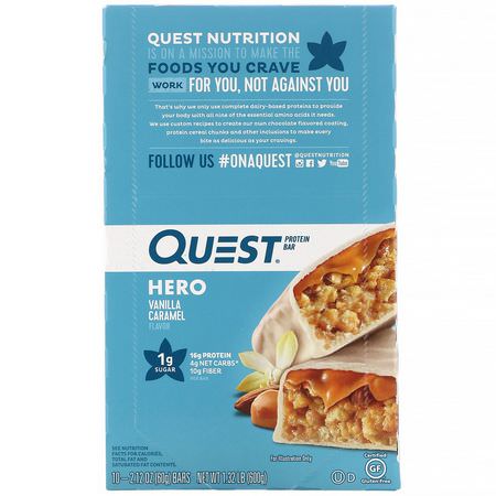 乳清蛋白棒, 牛奶蛋白棒: Quest Nutrition, Hero Protein Bar, Vanilla Caramel, 10 Bars, 2.12 oz (60 g) Each