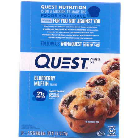 乳清蛋白棒, 牛奶蛋白棒: Quest Nutrition, Protein Bar, Blueberry Muffin, 12 Bars, 2.12 oz (60 g) Each