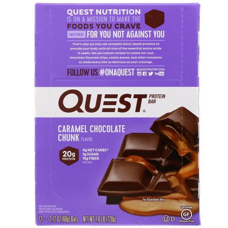 牛奶蛋白棒, 乳清蛋白棒: Quest Nutrition, Protein Bar, Caramel Chocolate Chunk, 12 Bars, 2.12 oz (60 g) Each