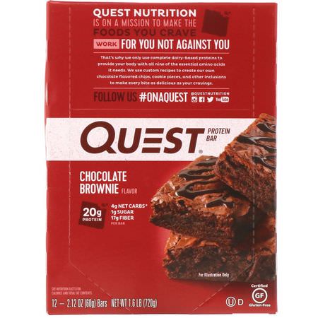 乳清蛋白棒, 牛奶蛋白棒: Quest Nutrition, Protein Bar, Chocolate Brownie, 12 Bars, 2.12 oz (60 g) Each