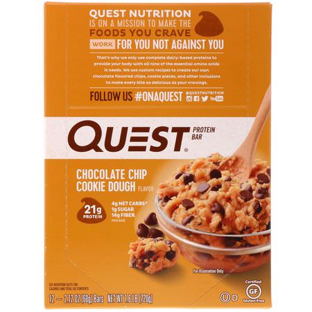 乳清蛋白棒, 牛奶蛋白棒: Quest Nutrition, Protein Bar, Chocolate Chip Cookie Dough, 12 Bars, 2.12 oz (60 g) Each