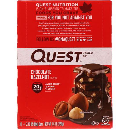 乳清蛋白棒, 牛奶蛋白棒: Quest Nutrition, Protein Bar, Chocolate Hazelnut, 12 Bars, 2.1 oz (60 g) Each