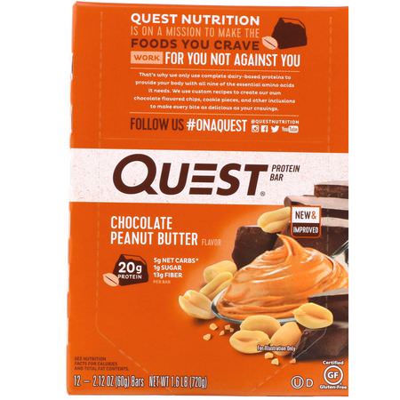 乳清蛋白棒, 牛奶蛋白棒: Quest Nutrition, Protein Bar, Chocolate Peanut Butter, 12 Bars, 2.12 oz (60 g) Each