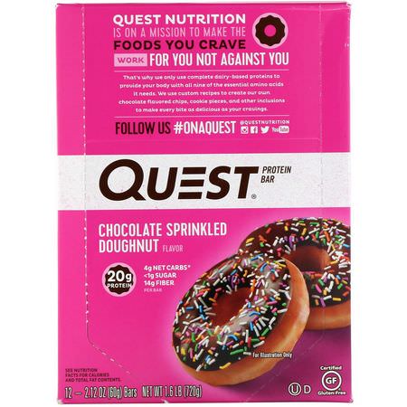 乳清蛋白棒, 牛奶蛋白棒: Quest Nutrition, Protein Bar, Chocolate Sprinkled Doughnut, 12 Bars, 2.12 oz (60 g) Each