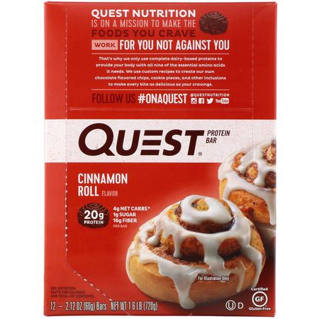 乳清蛋白棒, 牛奶蛋白棒: Quest Nutrition, Protein Bar, Cinnamon Roll, 12 Bars, 2.12 oz (60 g) Each
