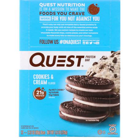 乳清蛋白棒, 牛奶蛋白棒: Quest Nutrition, Protein Bar, Cookies & Cream, 12 Bars, 2.12 oz (60 g) Each